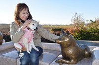 Atsuko Sato and her new Shiba inu, Neiro, sitting next to a statue of Kabosu, installed on the walking route for the deceased dog in the Chiba Prefecture city of Sakura, on Dec. 15, 2024