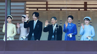 Japanese Emperor Naruhito and other Imperial Family members wave to visitors at a greeting event held at the Imperial Palace in Tokyo on Sunday to celebrate the Emperor's 65th birthday.