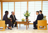 Japanese Emperor Naruhito (right front) meets with San Marino Captains Regent Denise Bronzetti (left front) and Italo Righi (left back) at the Imperial Palace in Tokyo on Friday. (Pool photo)