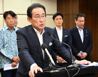 Former Prime Minister Fumio Kishida speaks to reporters after meeting with Indonesian President Prabowo Subianto in Jakarta on Sunday.