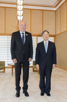 Japanese Emperor Naruhito meets with Hungarian President Tamas Sulyok at the Imperial Palace in Tokyo on Wednesday. (Courtesy of the Imperial Household Agency)