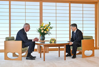 Japanese Emperor Naruhito meets with Austrian President Van der Bellen at the Imperial Palace in Tokyo on Thursday. (Pool photo)