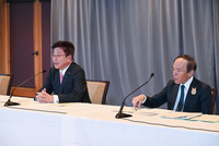 Japanese Finance Minister Katsunobu Kato (left) and Bank of Japan Governor Kazuo Ueda speak at a press conference Thursday following the Group of Seven finance ministers and central bank governors meeting in Banff, Canada.