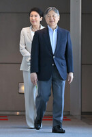Japan's Emperor and Empress arrive at Hiroshima Airport in the city of Mihara, Hiroshima Prefecture, in the morning on Thursday.