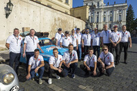Josef Zajicek (center front) and others pose for a photo in Prague, the Czech Republic, on June 21, before departing for the Osaka Expo in western Japan. (Courtesy of Robot Expedition)